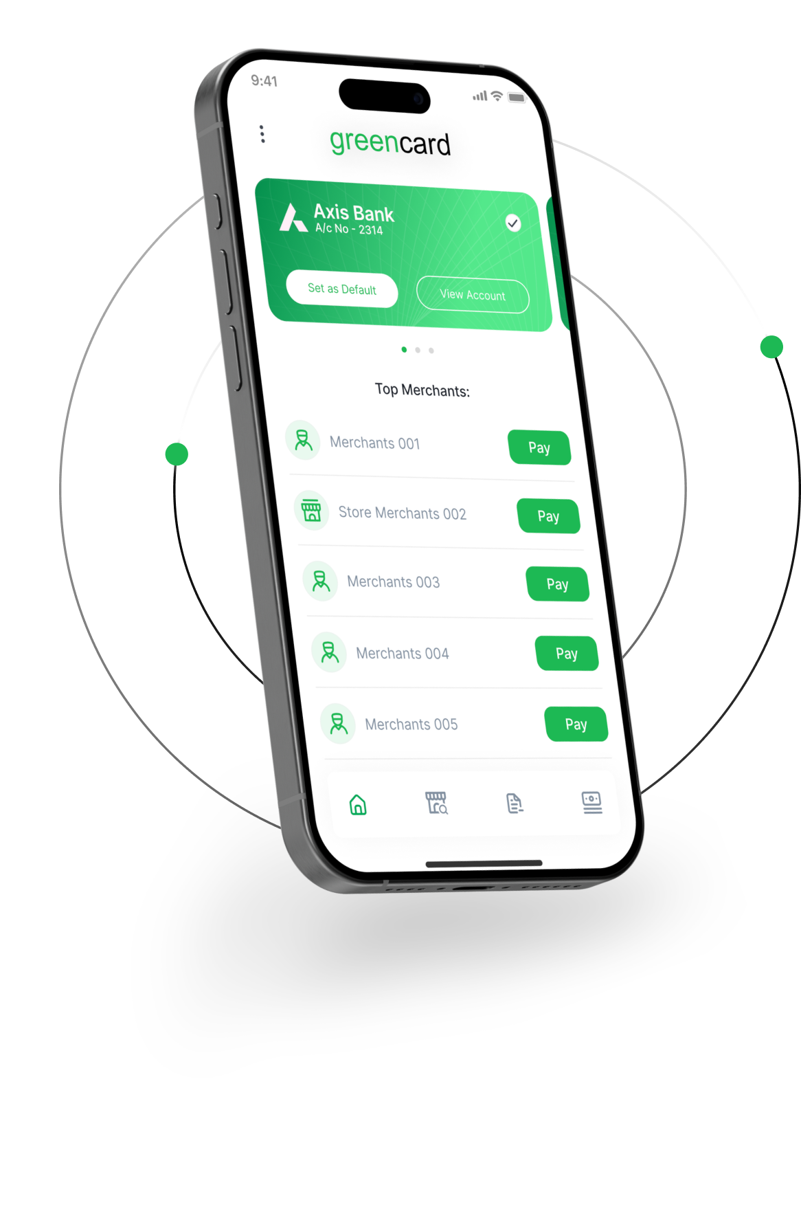 Greencard app showing merchant payments on a phone